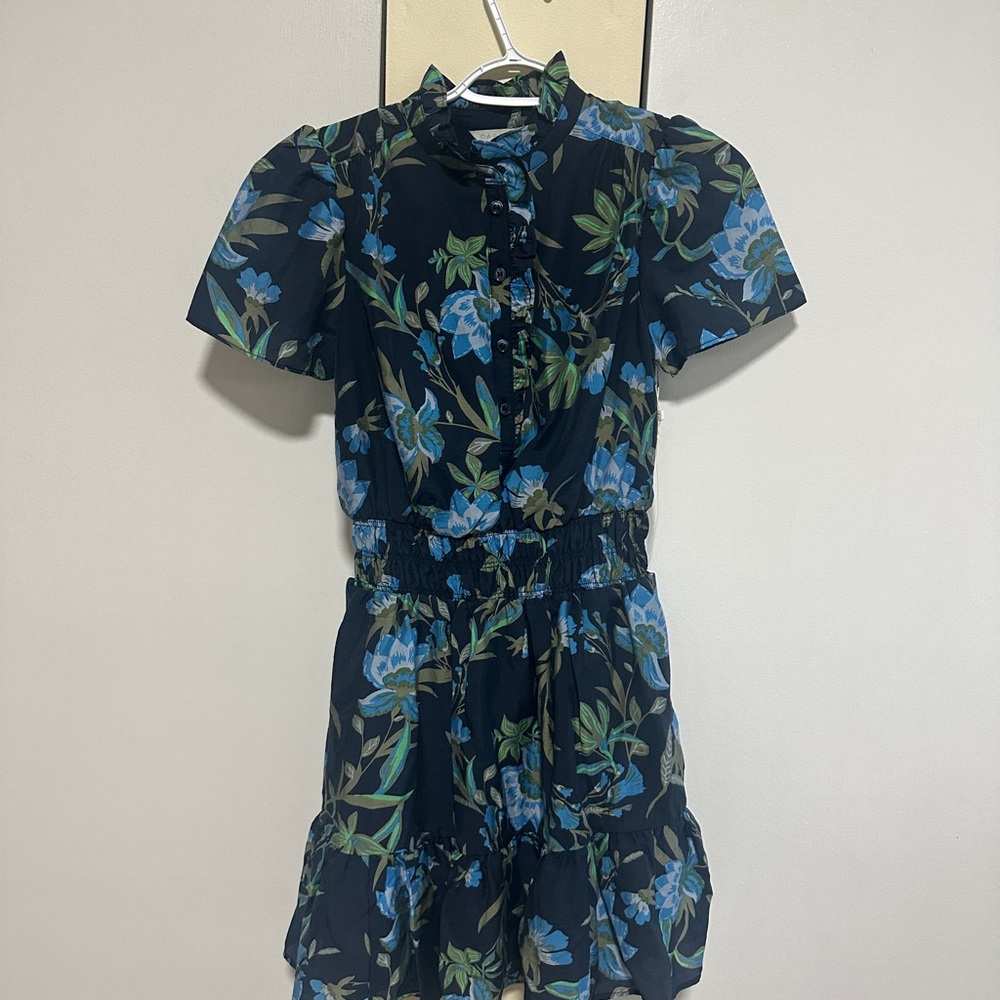 Caslon Navy Floral Short Sleeve Romper with Blue and Green Print